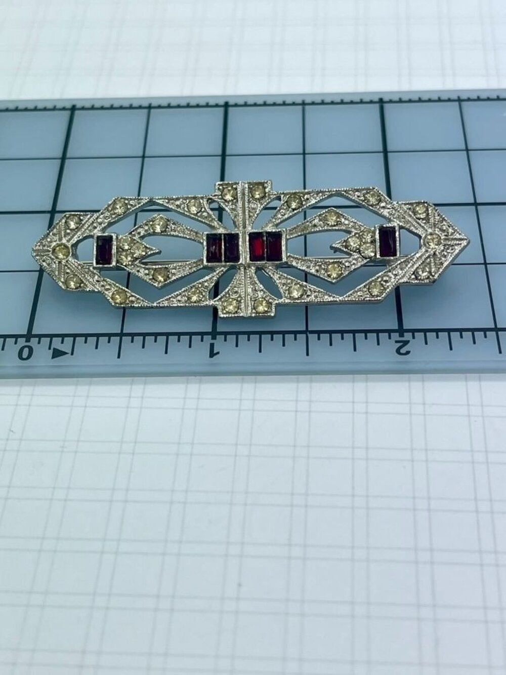 Vintage Art Deco Style Silver Tone Brooch Red Baguette Glass & Clear Rhinestones - Picture 4 of 4